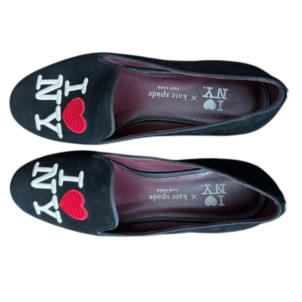 Kate Spade Lounge New York I Love NY Flats Black Suede Embroidered‎ Size 8.5